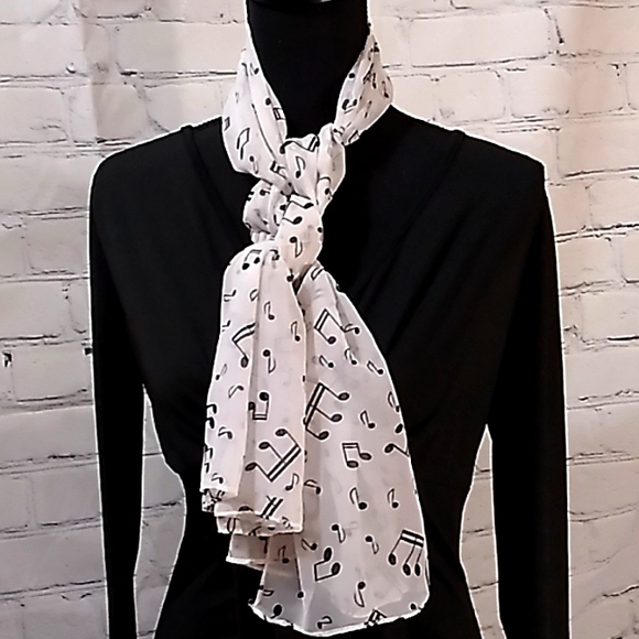Chiffon Black Music Note Print Wrap Scarf White + Scarf Buckle - Picture 1 of 16
